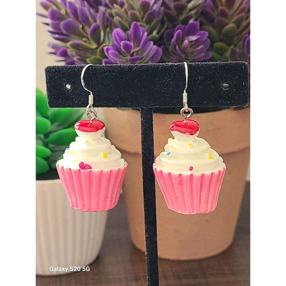 Handmade Cute Cupcake Earrings Red Cherry White Frosting Pink Wrapper‎ Treat Fun
